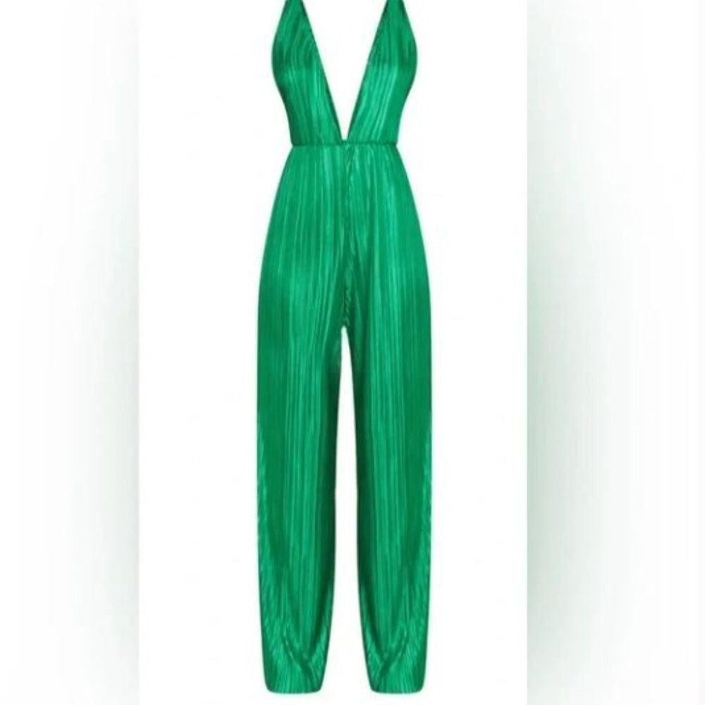 Green plisse plunge strappy jumpsuit - Picture 6 of 7